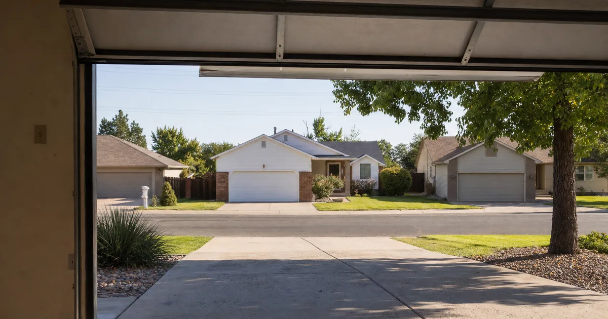 View from inside a garage looking out to a Tempe, AZ street — same-day garage door repair